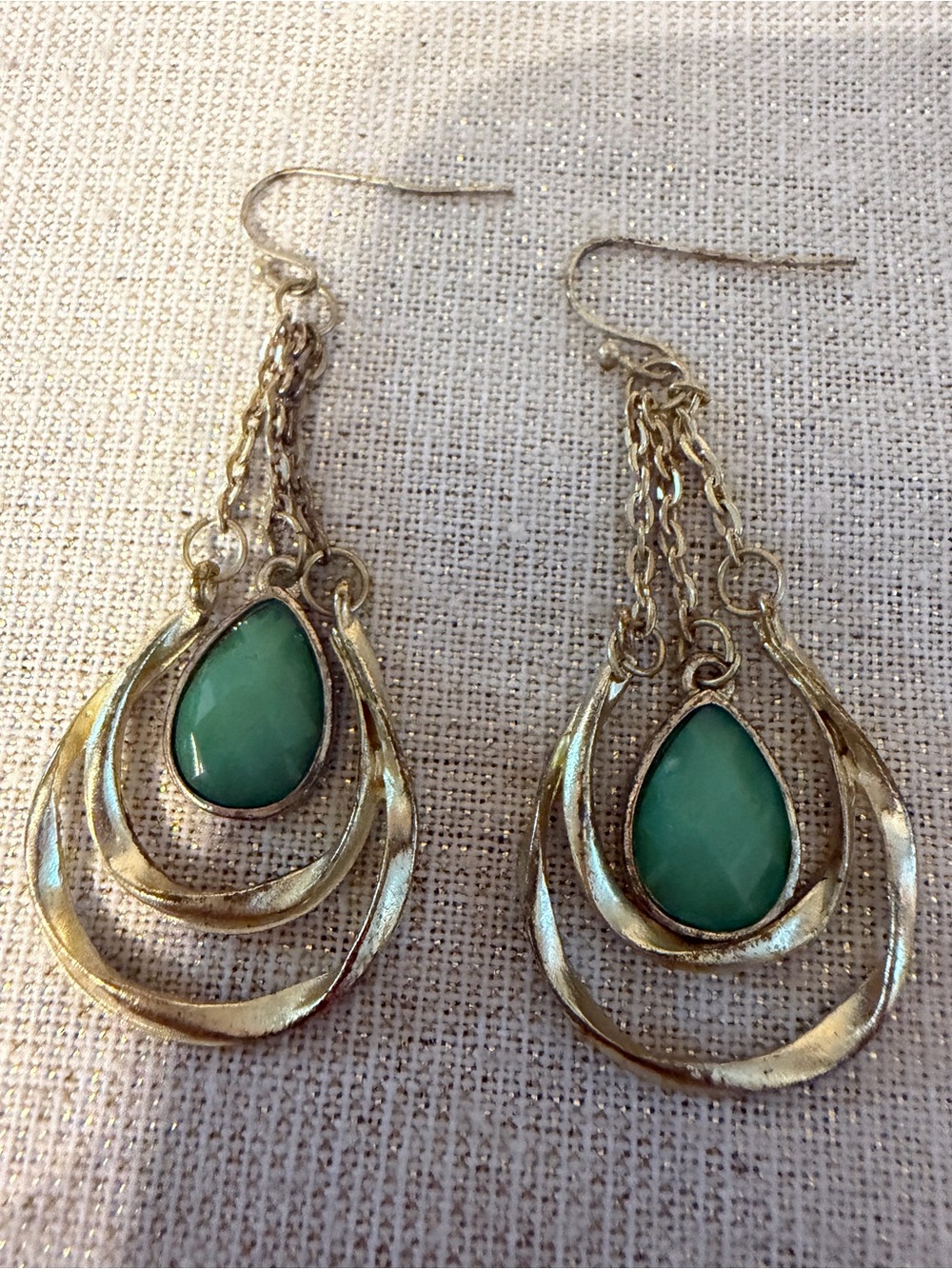 Gold-Tone Teardrop Earrings with Green Stone